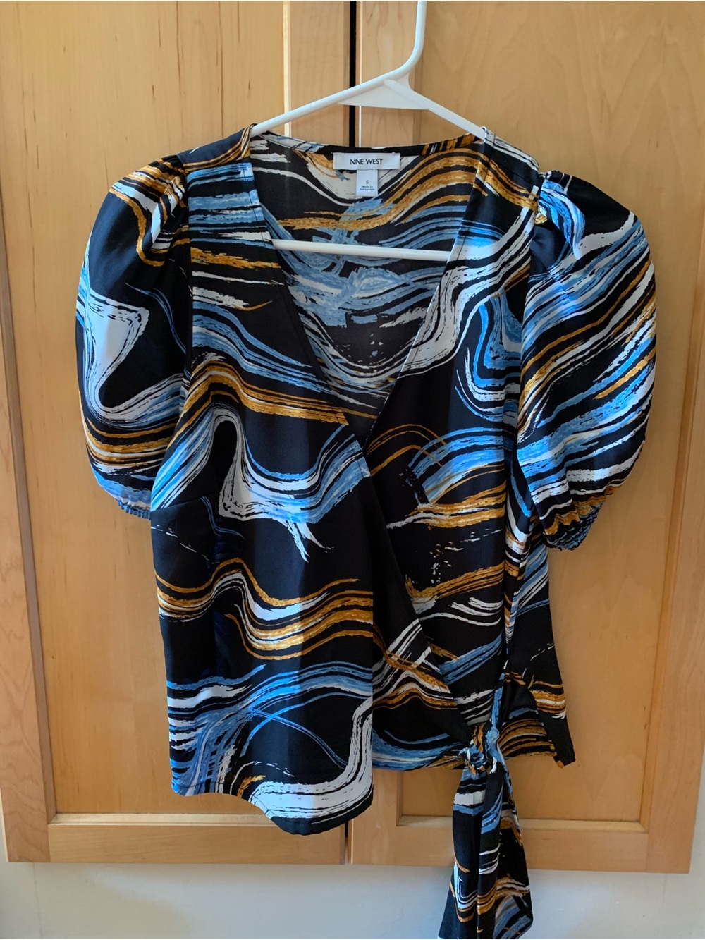 Nine West Black Wrap Blouse with Blue and Gold Marble Stripes NWOT!